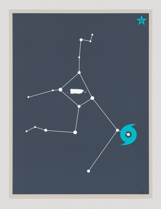 A constellation map with white lines and dots on a dark background, featuring a turquoise hurricane symbol and a small island shape.