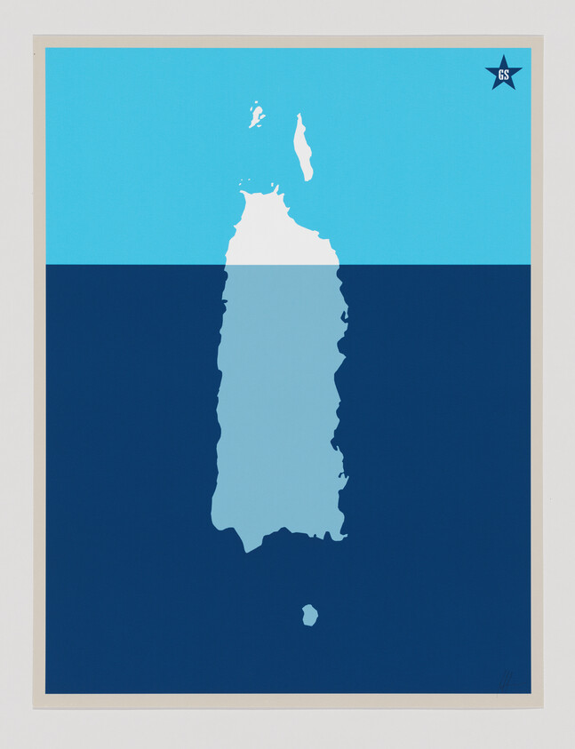 Stylized island shape depicted half above and mostly submerged beneath contrasting blue water.