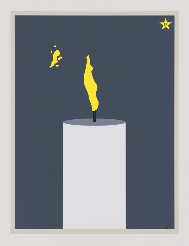 A single white pillar candle with a bright yellow flame against a dark background.