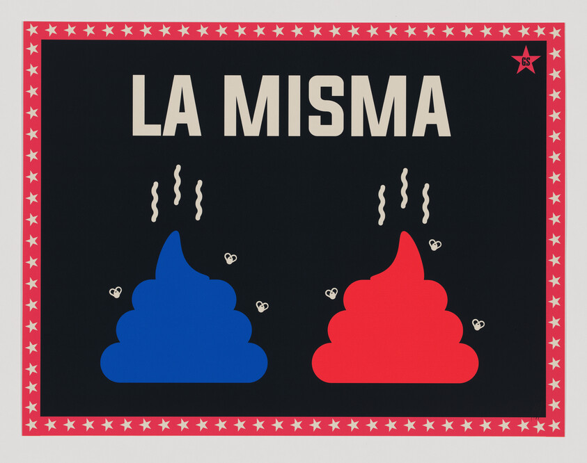 Two stylized blue and red poop icons under the words "LA MISMA" with stink lines and star border.