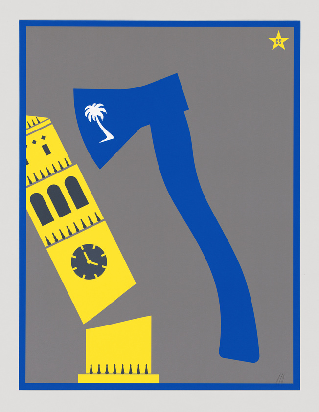 A blue axe with a palm tree design leans against a yellow clock tower on a gray background, framed in blue with a star in the corner.