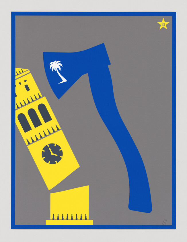 Yellow leaning clock tower graphic next to a large blue curved shape with a small palm icon.