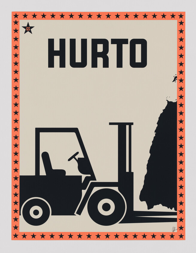 Forklift silhouette carrying a large load beneath the bold word "HURTO."