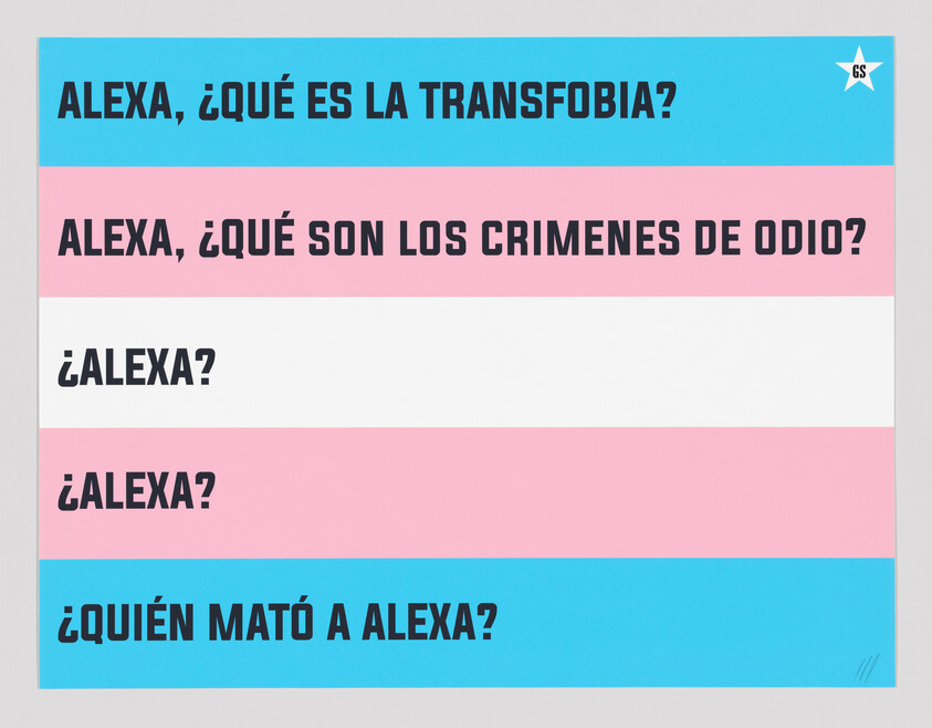 Trans pride flag colored poster listing questions to Alexa about transphobia, hate crimes, and who killed Alexa.