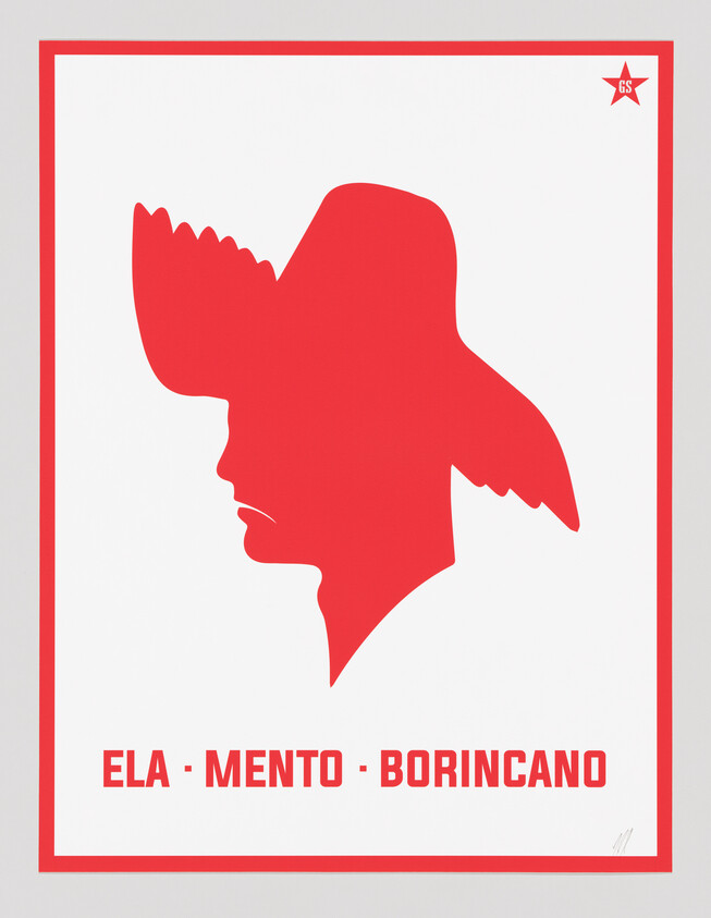 Red silhouette of a person wearing a wide-brimmed hat above the text "ELA · MENTO · BORINCANO."