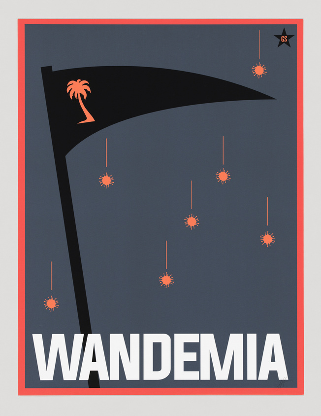 A stylized scythe with a palm tree handle and falling virus-like shapes on a gray background. The word "WANDEMIA" is in bold white letters.