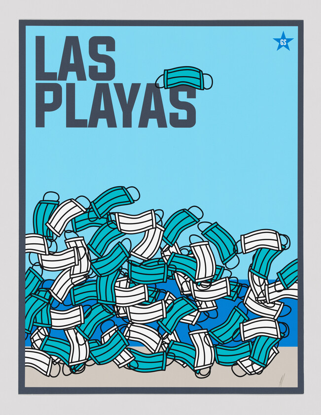 Pile of disposable face masks covering a beach under the heading "Las Playas."