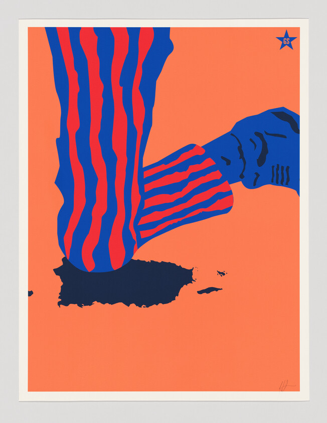 A striped blue and red boot stomps down onto a dark island silhouette on an orange background.