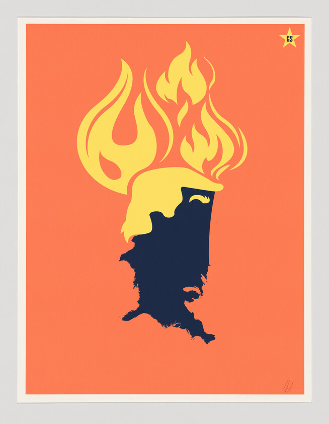 Silhouette of Louisiana topped by stylized yellow hair-like shapes and flames against an orange background.