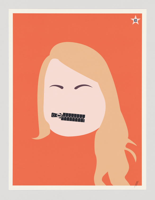 Illustration of a person with long hair and a zipper over their mouth on an orange background, symbolizing silence or censorship.