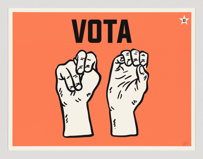 Two fists raised with the word "VOTA" above them on an orange background, symbolizing empowerment and the call to vote.