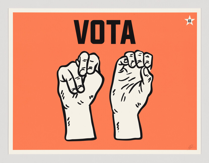 Two raised fists with fingers curled beneath the headline "VOTA" on an orange background.