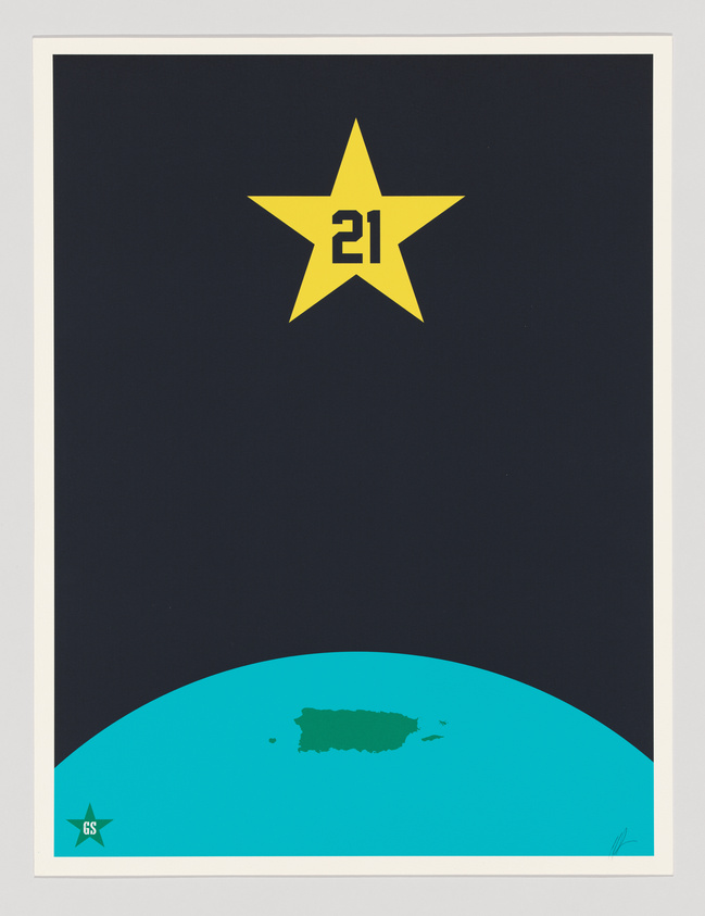 A yellow star with the number 21 above a green silhouette of Puerto Rico on a blue background. A small green star with "GS" is in the corner.