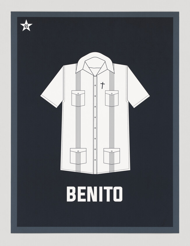 White short-sleeve guayabera-style shirt illustration with pockets and cross detail labeled Benito at bottom.