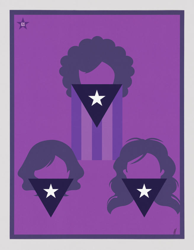 Three stylized silhouettes with purple backgrounds, each with a dark triangle and white star over their faces, symbolizing anonymity or unity.