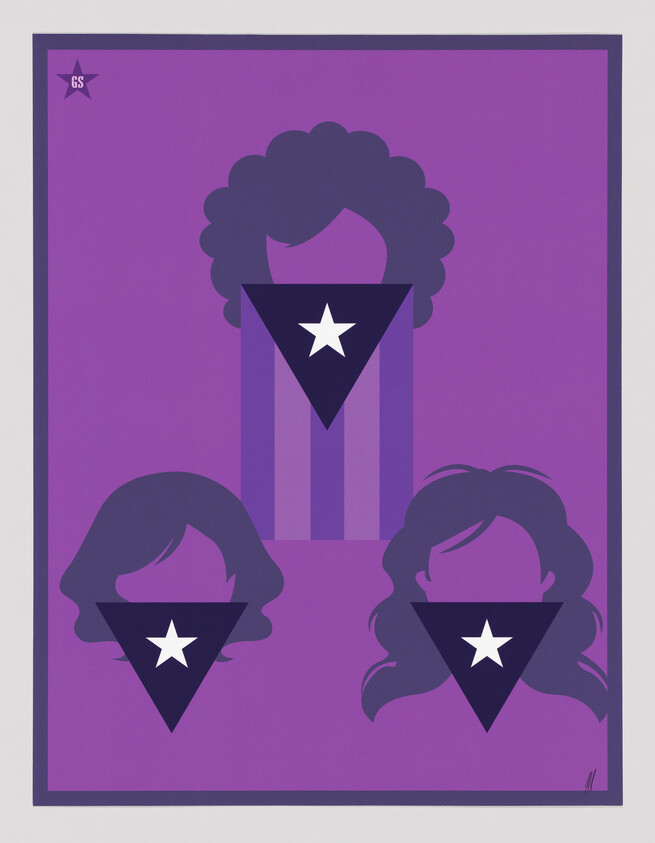 Three stylized female silhouettes with dark triangular masks featuring white stars on a purple background.