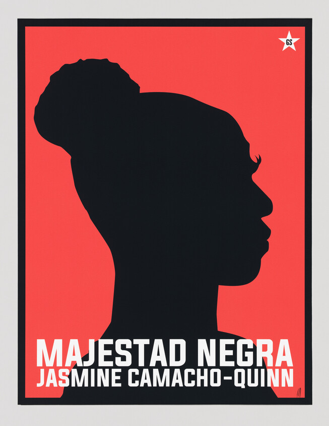 Black silhouette of a woman in profile on red poster with title "Majestad Negra."