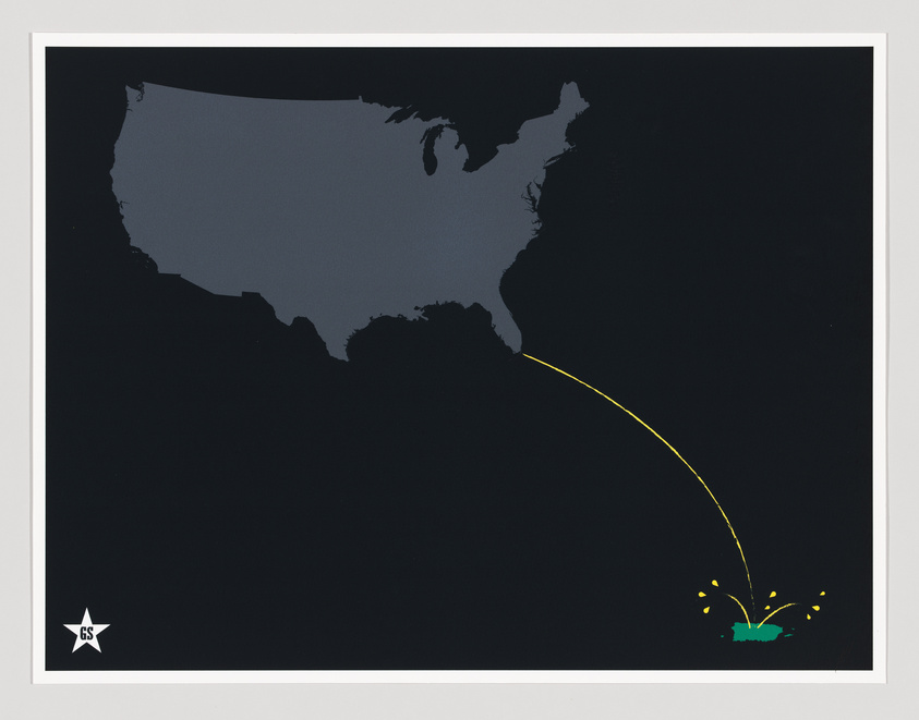 Map of the U.S. with a yellow line arcing from the southeast to a green splash, suggesting a trajectory or travel path.