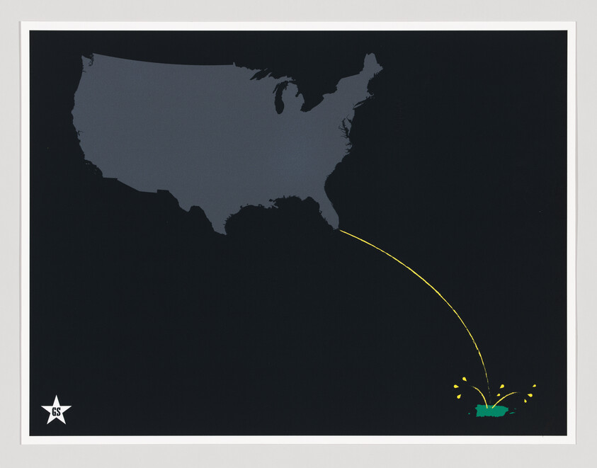 A yellow arc travels from the southeastern United States to a small green splash in the ocean.