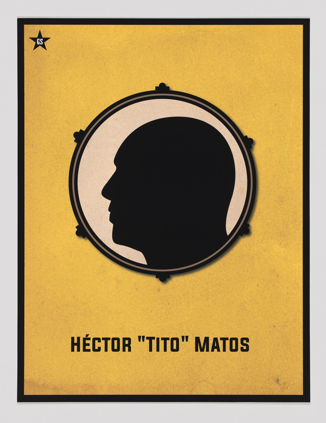 Silhouette of a person's profile in a circular frame on a yellow background. Text below reads "Héctor 'Tito' Matos."