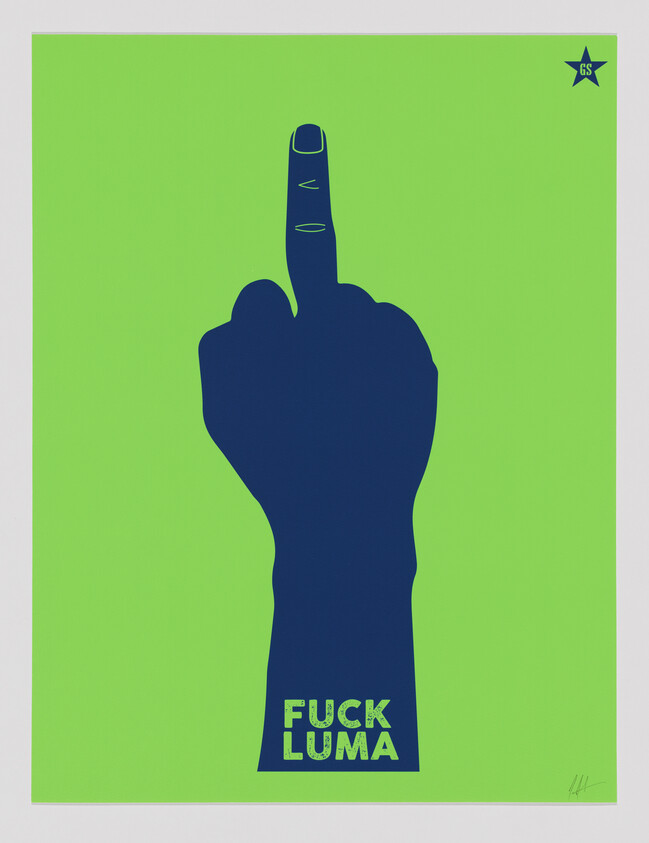 A dark blue hand shows a raised middle finger against a bright green background with text "FUCK LUMA".