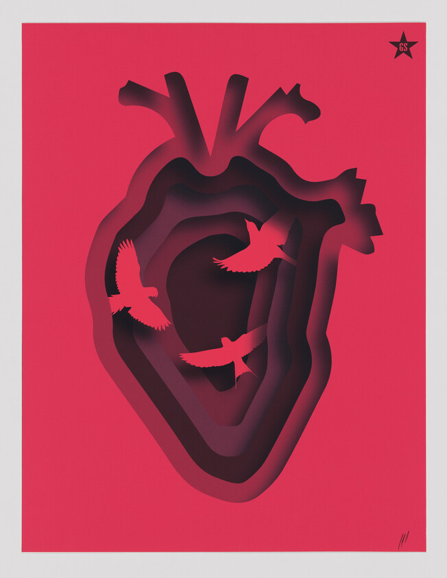 A layered paper-cut heart silhouette with three birds flying out from its center.