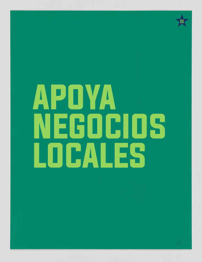 Green poster with bold yellow text: "APOYA NEGOCIOS LOCALES." A small star with "65" is in the top right corner.