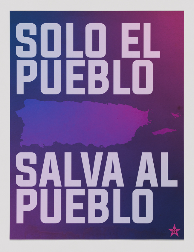 Text reads "Solo el pueblo salva al pueblo" with a purple map of Puerto Rico in the background. A pink star with "GS" is in the corner.