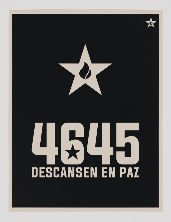 Black poster with a star and flame symbol above the number 4645. Text below reads "Descansen en Paz."