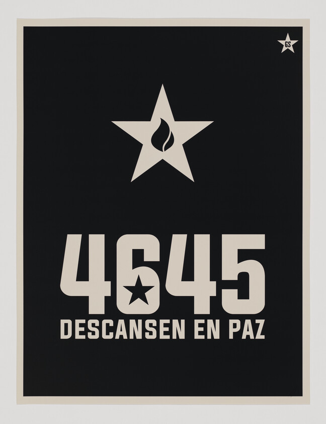 Black poster with a star and flame symbol, number 4645, and text "Descansen en Paz."