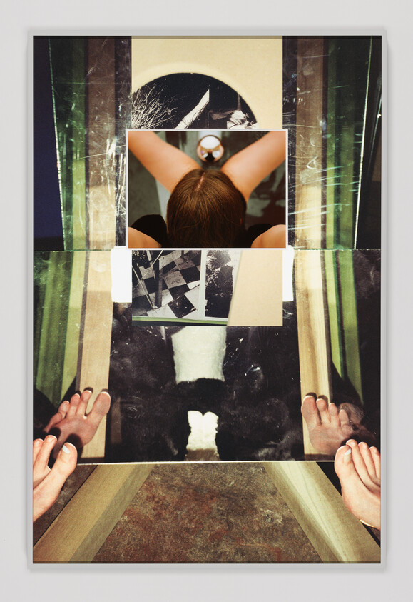 Collage of a person with arms raised, hands gripping a surface, and abstract geometric shapes.