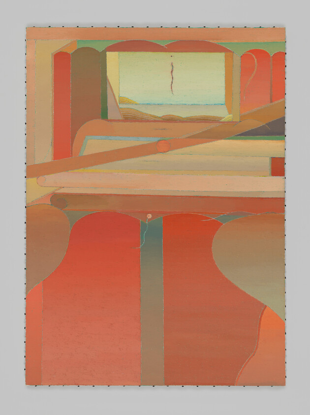 Abstract painting with warm red and orange arches, horizontal bands, and a small distant window-like opening.