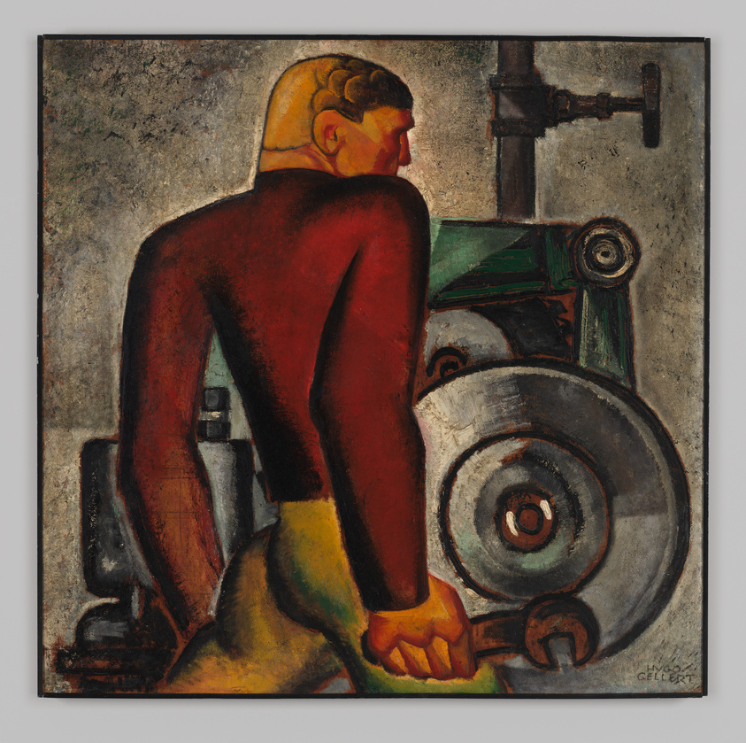 A stylized painting of a worker in a red shirt holding a wrench, standing beside industrial machinery with large gears.