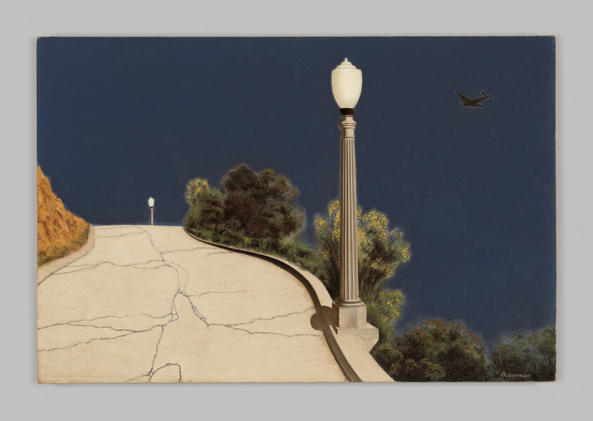 A cracked, empty sidewalk curves past two streetlights with trees nearby and a plane flying in the dark sky.