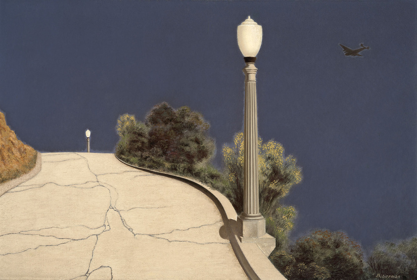 A cracked road curves past a tall streetlamp, with trees in the background and an airplane silhouetted against a deep blue sky.