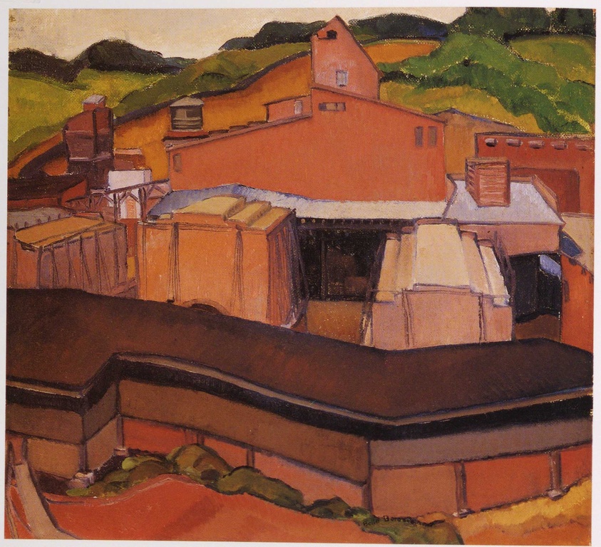 Colorful abstract painting of a factory with red and orange buildings, green hills in the background, and a wavy black roof in the foreground.