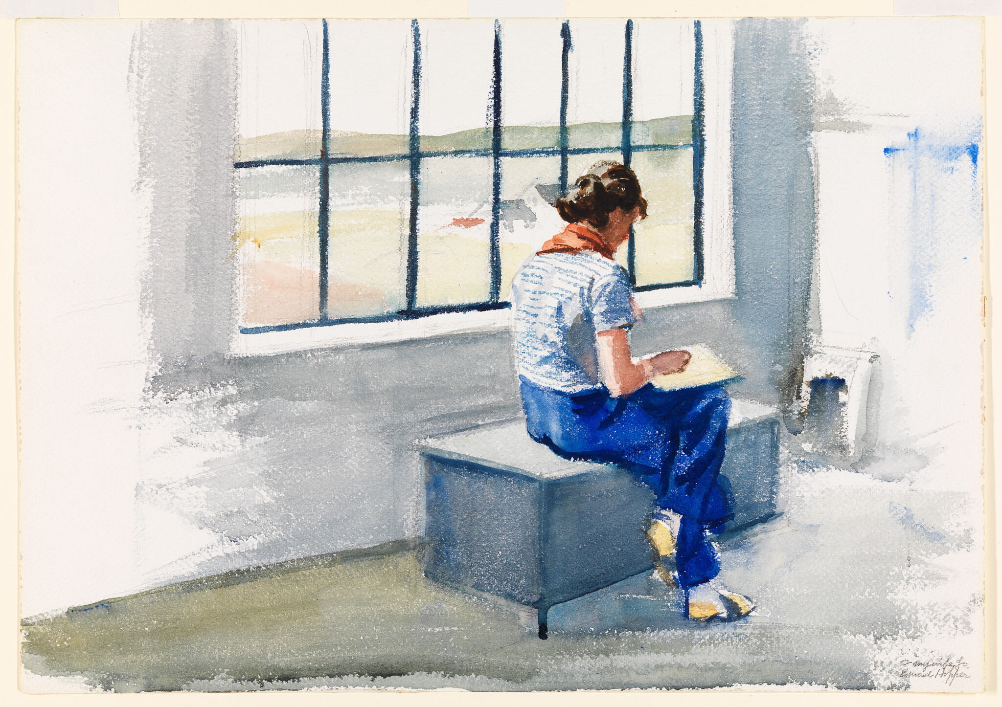 A young woman sits on a bench by a large window, sketching on paper.