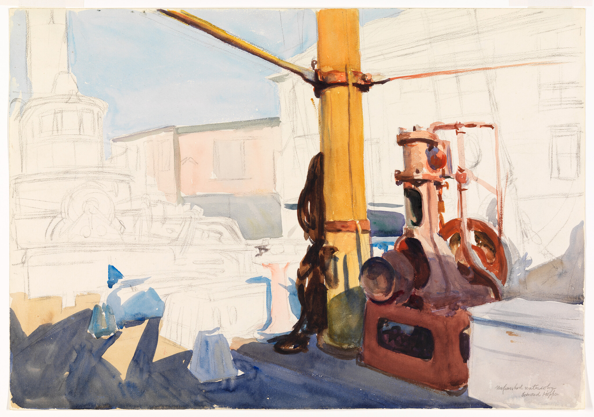 Yellow mast and rusty mechanical winch sit on a sunlit boat deck sketch.