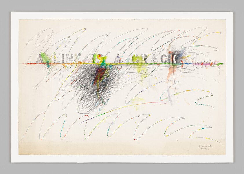 Abstract drawing with colorful scribbles centered around the phrase "A line is a crack" along a horizontal line.