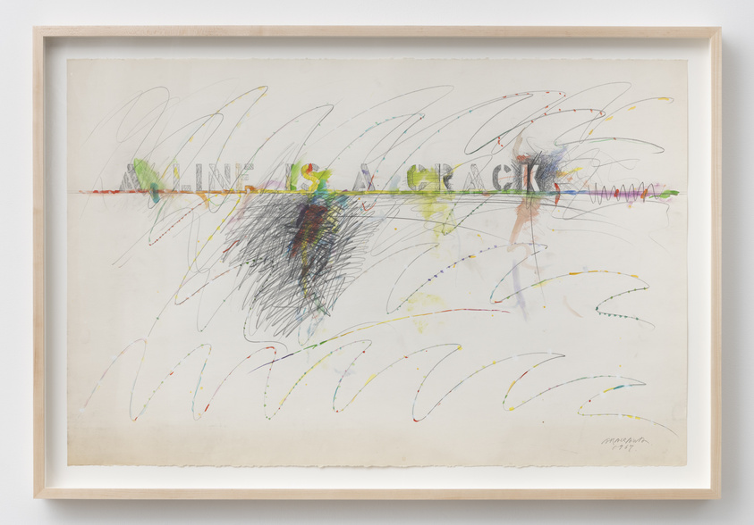 Abstract artwork with colorful scribbles and the text "A LINE IS A CRACK" across the center, framed in light wood.