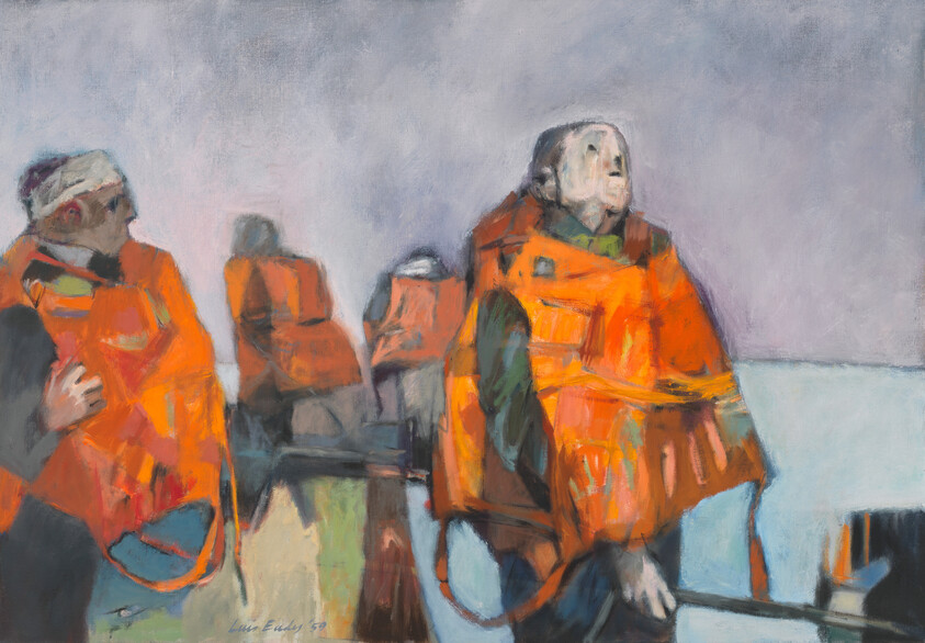 Several people wearing bright orange life jackets stand together, some holding oars, looking serious and alert.