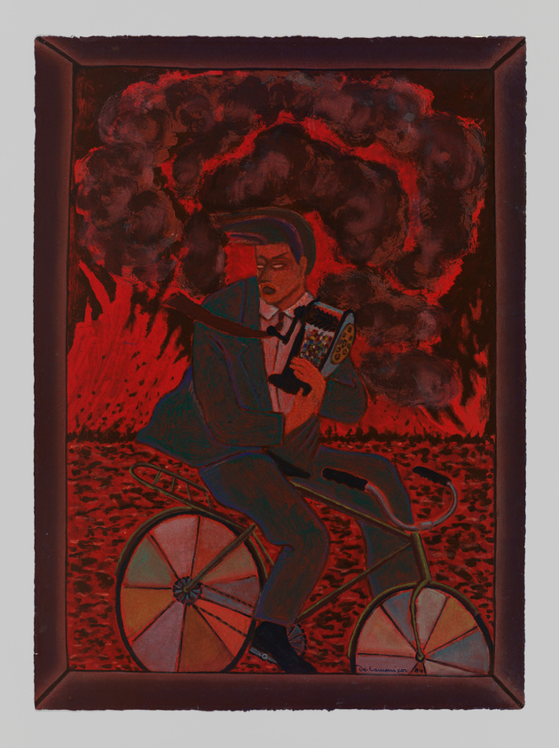 A man in a suit rides a bicycle while playing an accordion, set against a fiery, smoke-filled background.