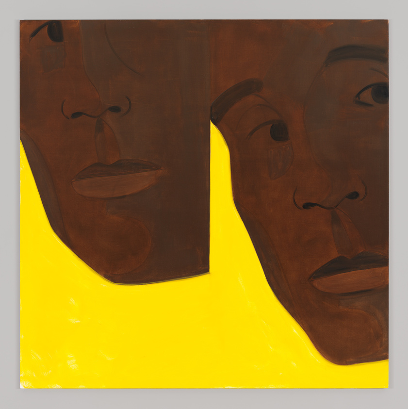 Two abstract faces in dark brown against a bright yellow background, with minimalistic features and a modern art style.