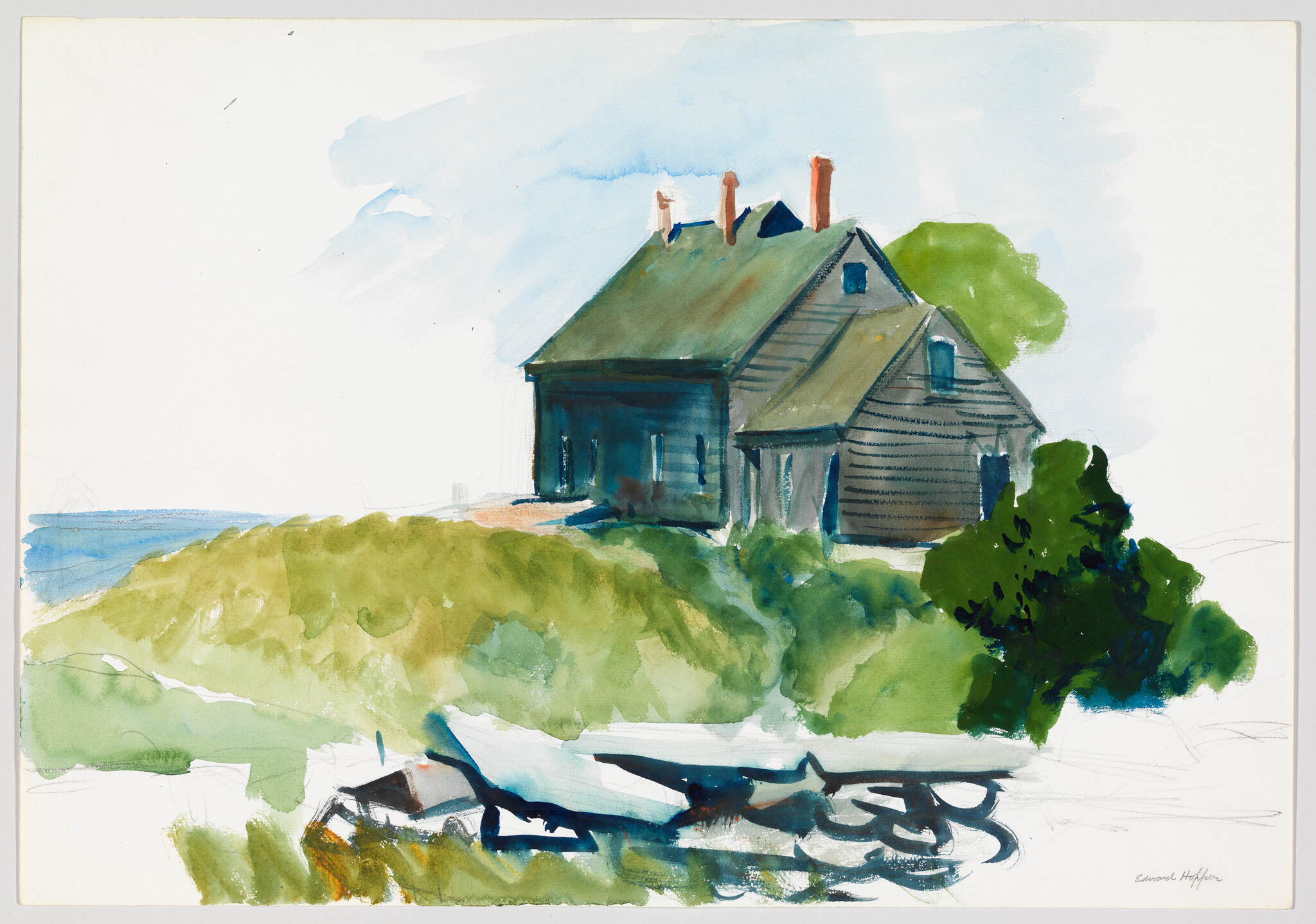 A weathered clapboard house sits on grassy dunes above a beached rowboat by the water.