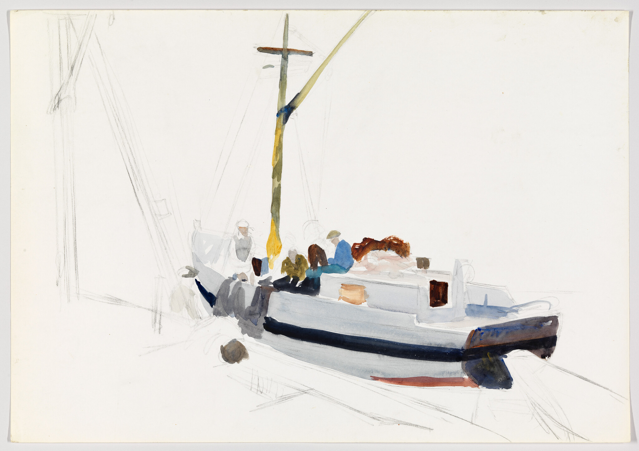 A small sailboat tied to a dock with several people sitting and a tall mast.