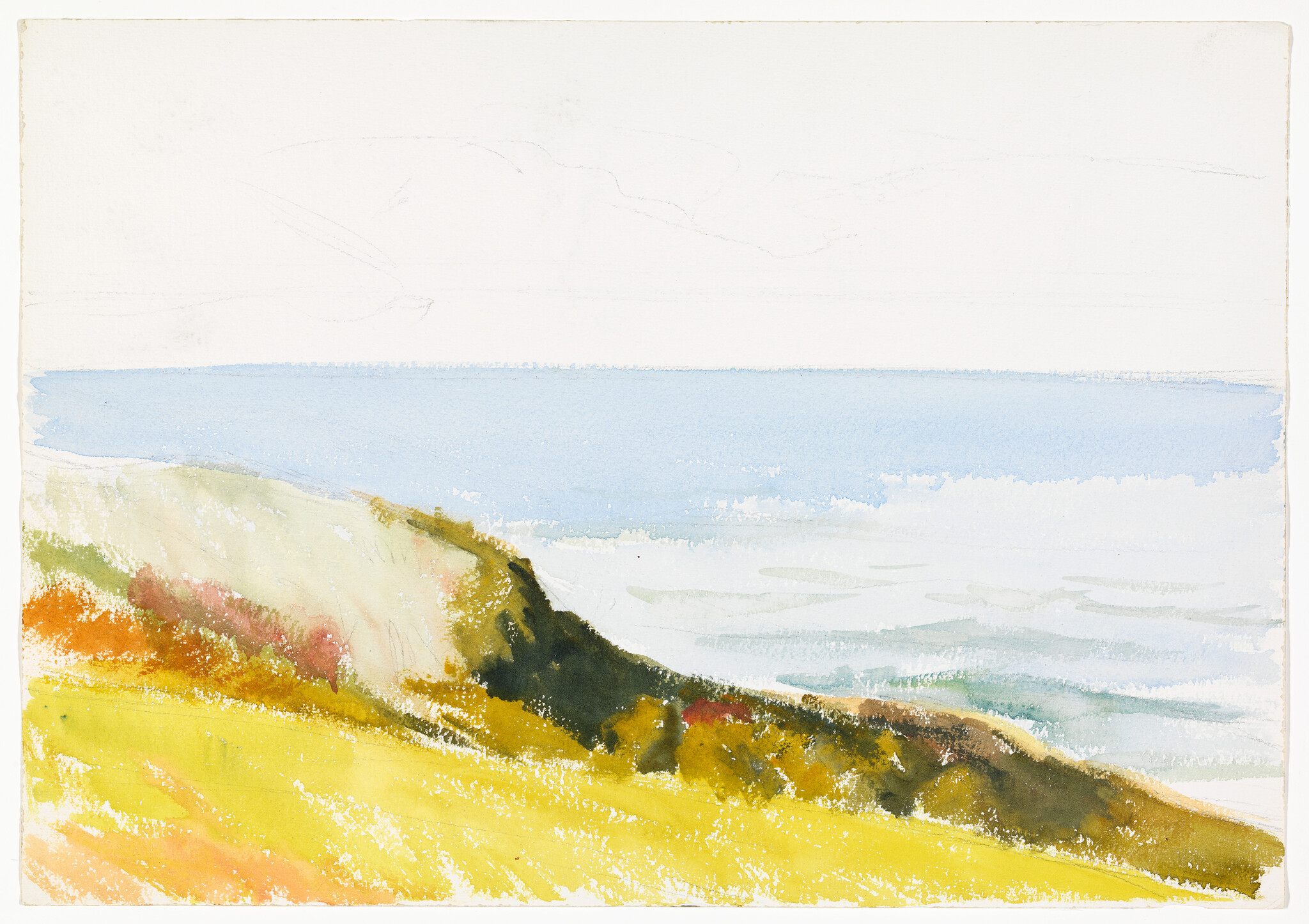 A sunlit grassy cliff slopes toward a calm blue sea under a pale sky.