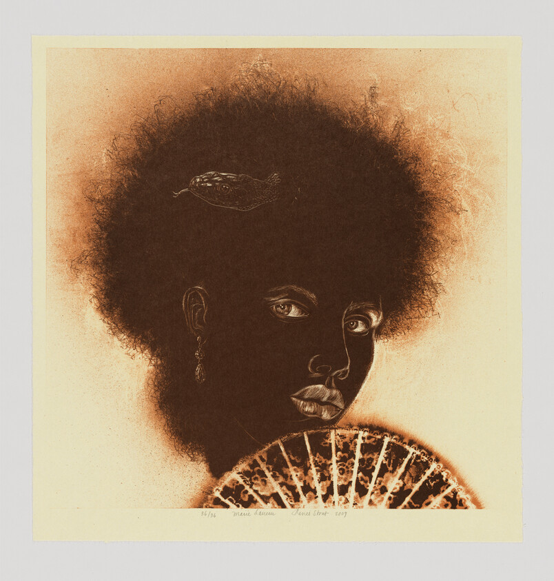 A woman with curly hair and a snake on her head looks forward, holding a decorative fan near her face.