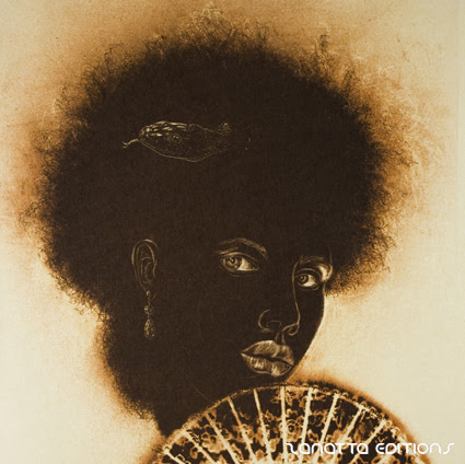 A woman with an afro hairstyle and a feather in her hair gazes forward, partially obscured by a decorative fan.