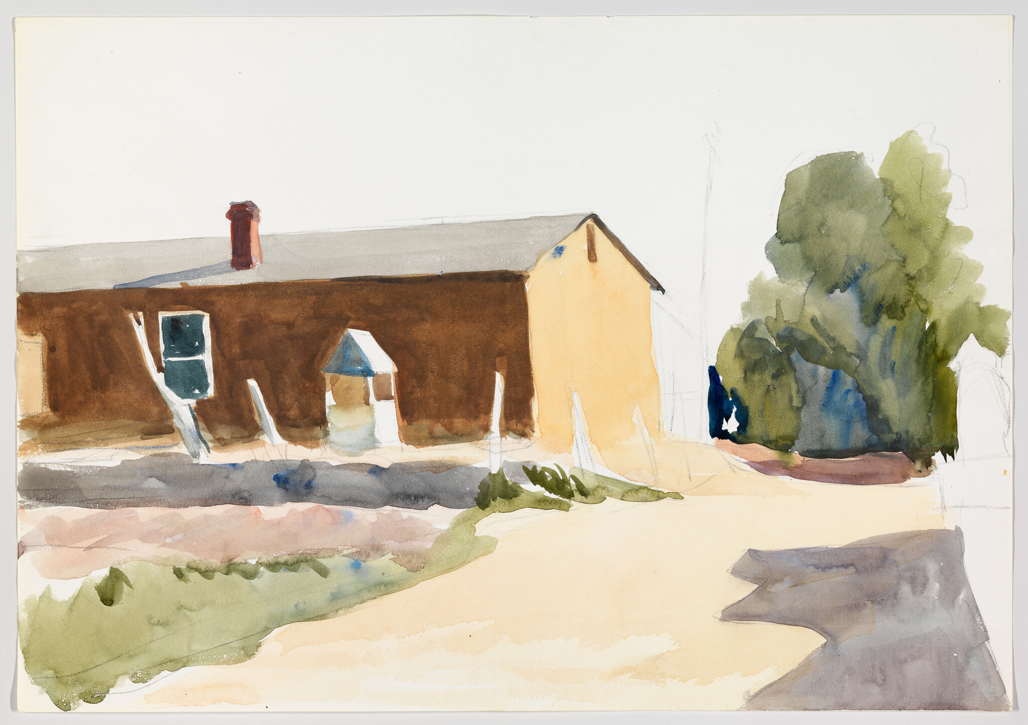 A watercolor of a brown and yellow house beside green trees and a sunlit dirt path.