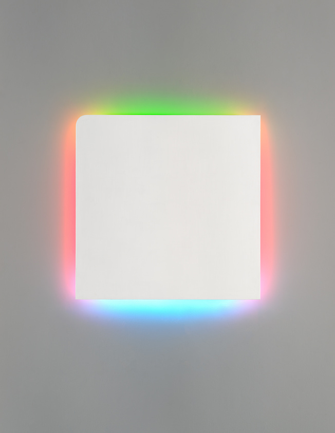 A white square with rounded corners on a gray background, surrounded by a glowing rainbow gradient of red, green, and blue.